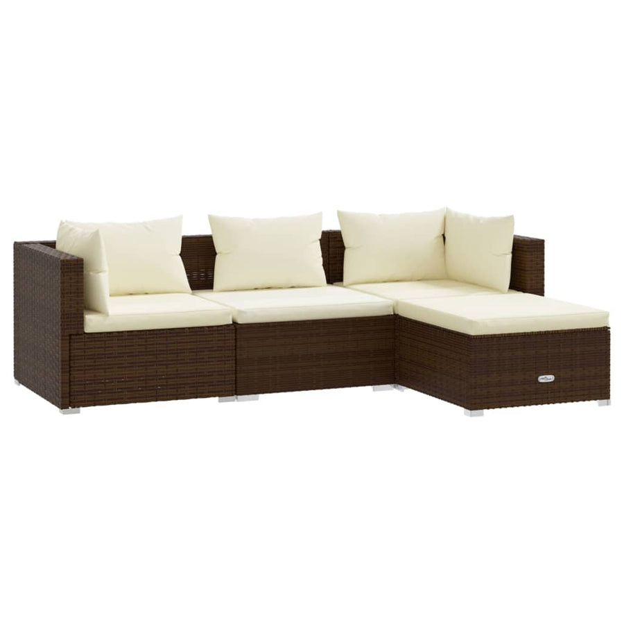 4-delige Loungeset met kussens poly rattan bruin 1 2x hoek + midden + voetensteun