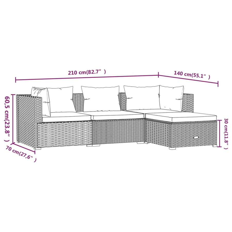 4-delige Loungeset met kussens poly rattan bruin 1 2x hoek + midden + voetensteun