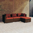 4-delige Loungeset met kussens poly rattan bruin 1 2x hoek + midden + voetensteun