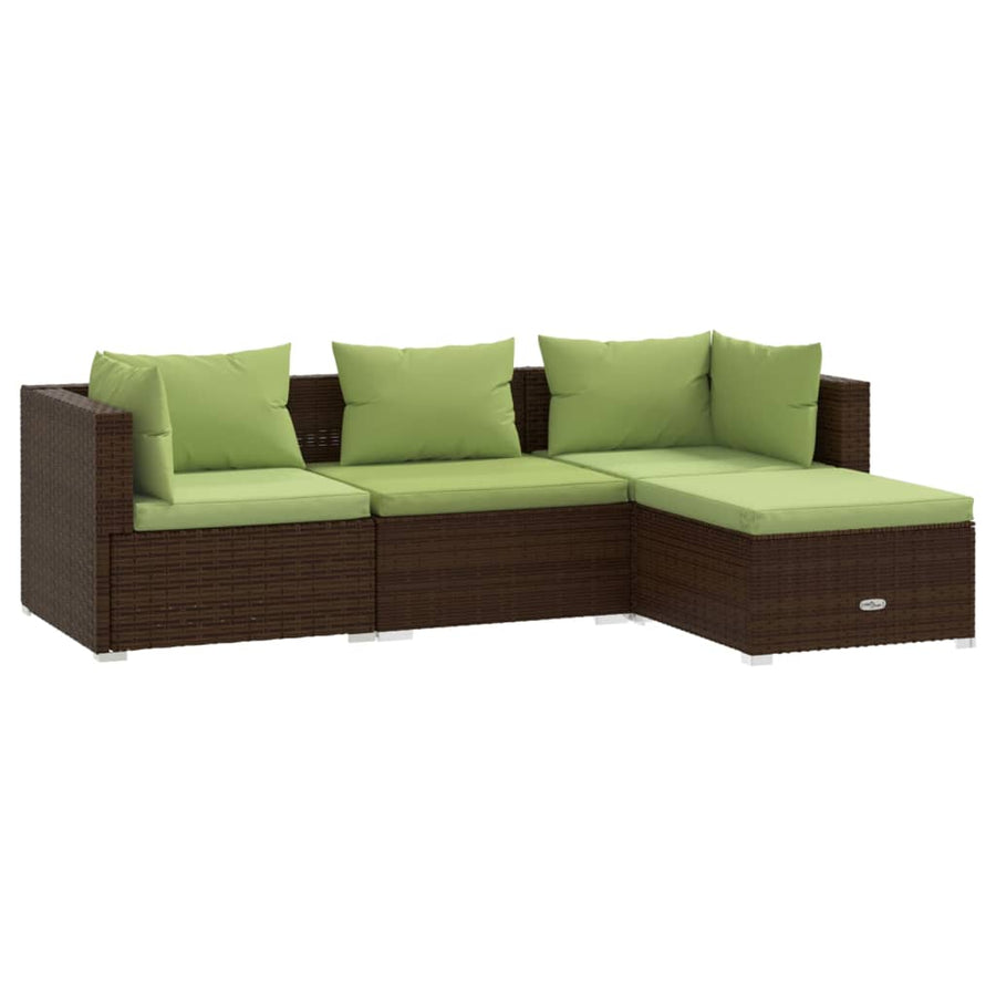 4-Delige Loungeset Met Kussens Poly Rattan Bruin En Groen 1 2x hoek + midden + voetensteun