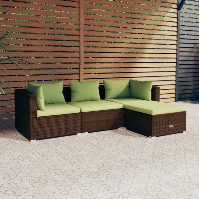 4-Delige Loungeset Met Kussens Poly Rattan Bruin En Groen 1 2x hoek + midden + voetensteun