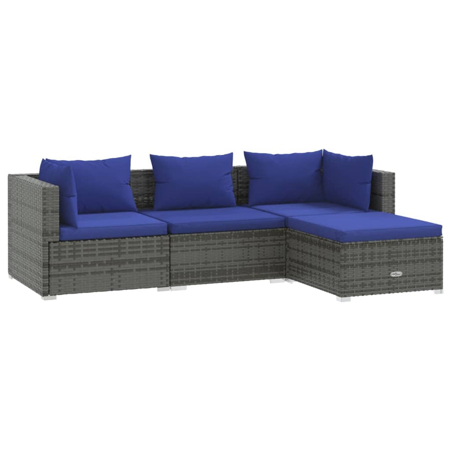 4-Delige Loungeset Met Kussens Poly Rattan Grijs En Donkerblauw 1 2x hoek + midden + voetensteun