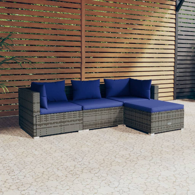 4-Delige Loungeset Met Kussens Poly Rattan Grijs En Donkerblauw 1 2x hoek + midden + voetensteun