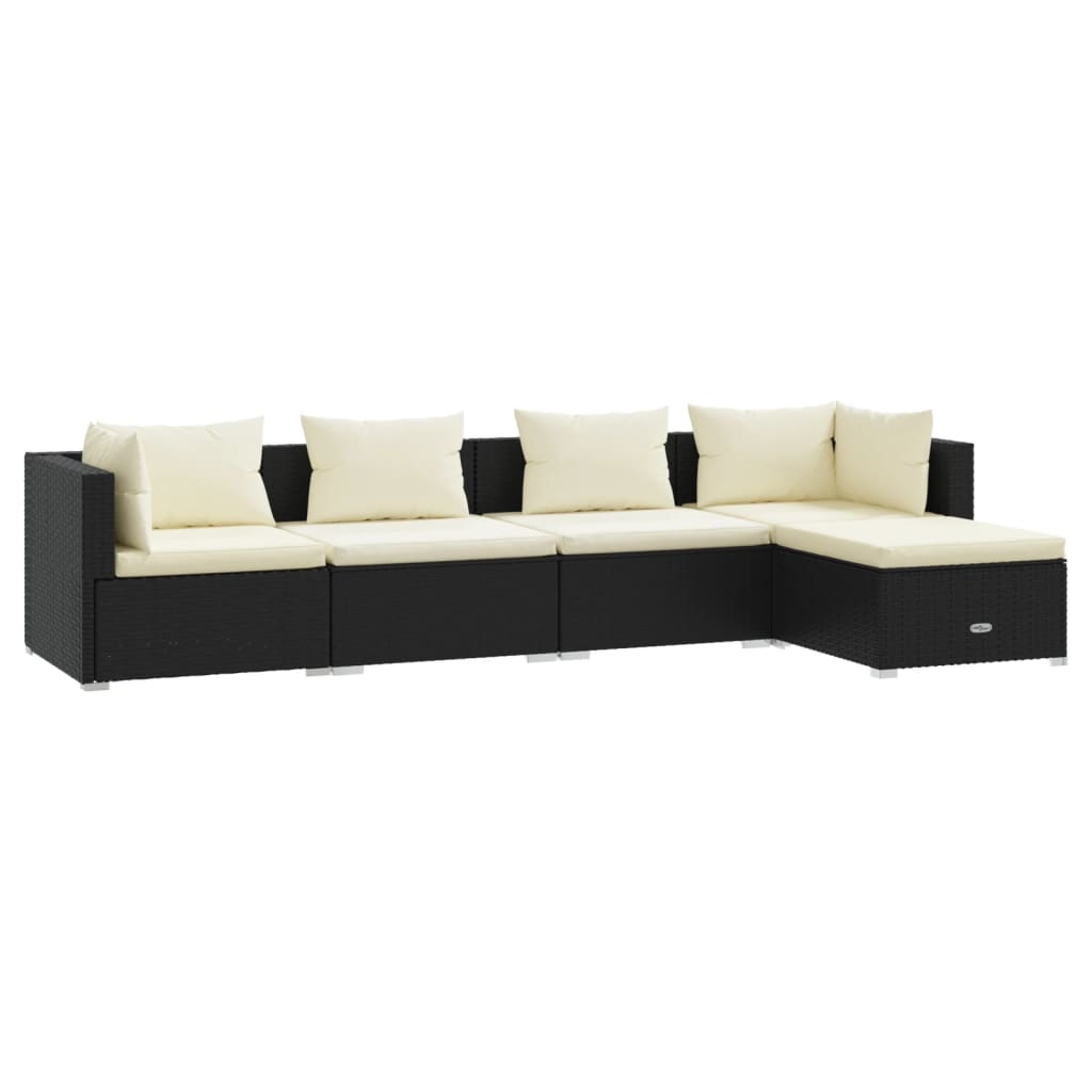 5-delige Loungeset met kussens poly rattan zwart 1 2x hoek + 2x midden + voetensteun