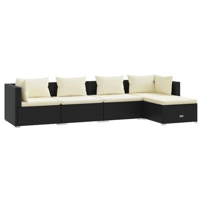 5-delige Loungeset met kussens poly rattan zwart 1 2x hoek + 2x midden + voetensteun