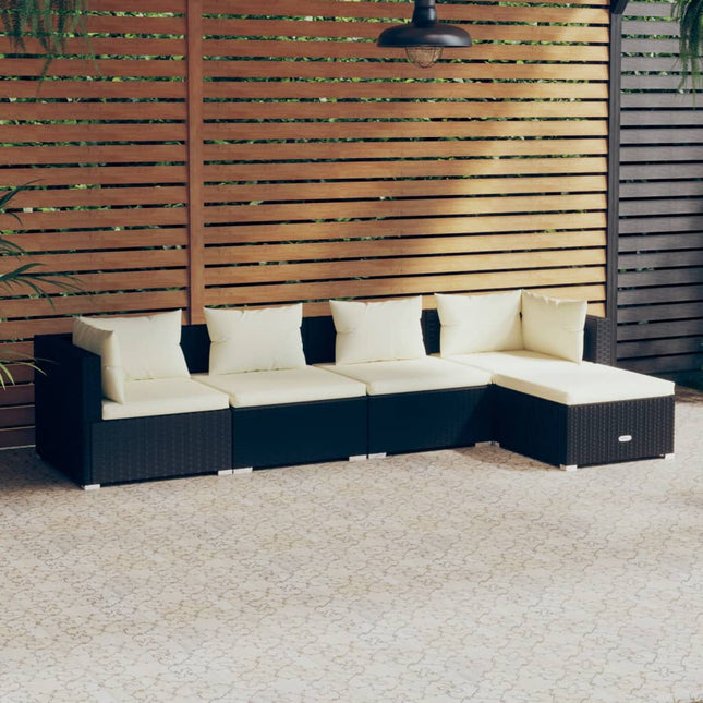 5-delige Loungeset met kussens poly rattan zwart 1 2x hoek + 2x midden + voetensteun