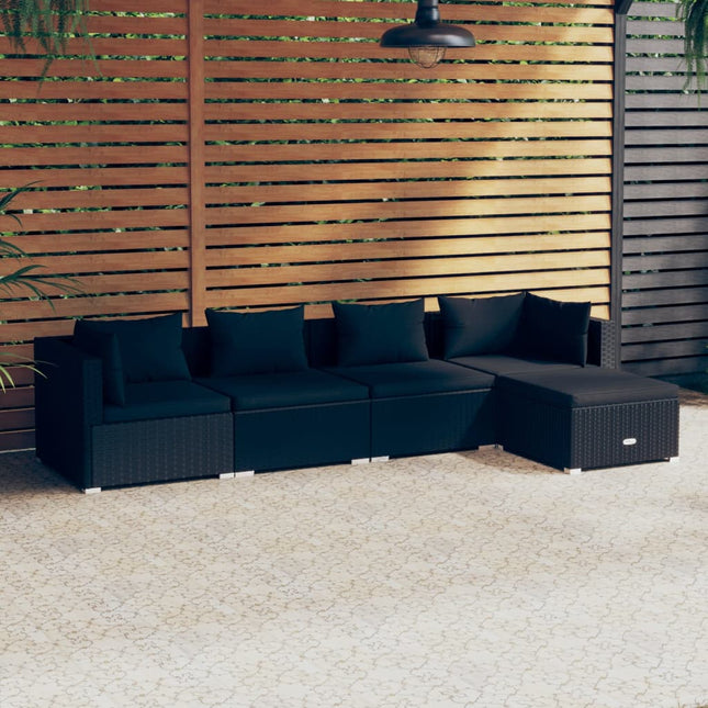 5-delige Loungeset met kussens poly rattan zwart 1 2x hoek + 2x midden + voetensteun