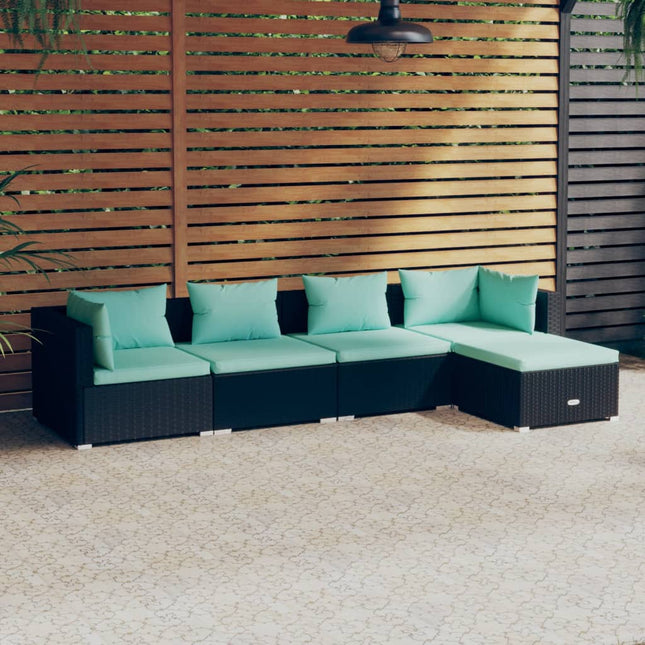 5-Delige Loungeset Met Kussens Poly Rattan Zwart En Waterblauw 1 2x hoek + 2x midden + voetensteun