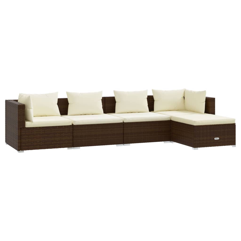 5-delige Loungeset met kussens poly rattan bruin 1 Bruin en crème