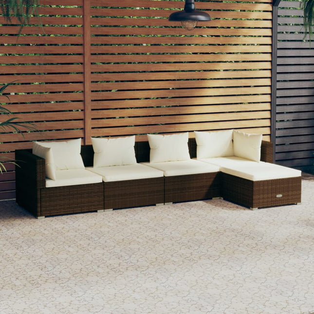 5-delige Loungeset met kussens poly rattan bruin 1 Bruin en crème