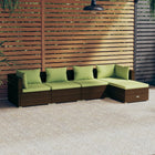 5-Delige Loungeset Met Kussens Poly Rattan Bruin En Groen 1 2x hoek + 2x midden + voetensteun