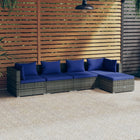 5-Delige Loungeset Met Kussens Poly Rattan Grijs En Donkerblauw 1 2x hoek + 2x midden + voetensteun