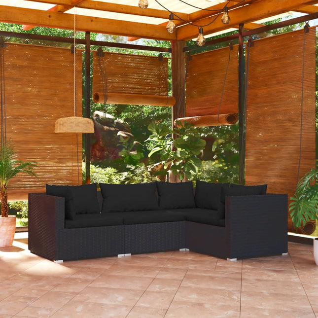 4-delige Loungeset met kussens poly rattan zwart 1 Zwart