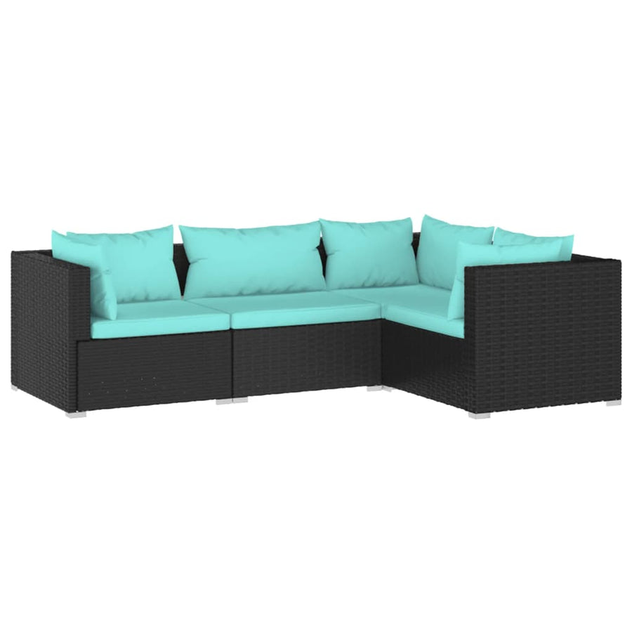 4-Delige Loungeset Met Kussens Poly Rattan Zwart En Waterblauw 1 3x hoek + midden