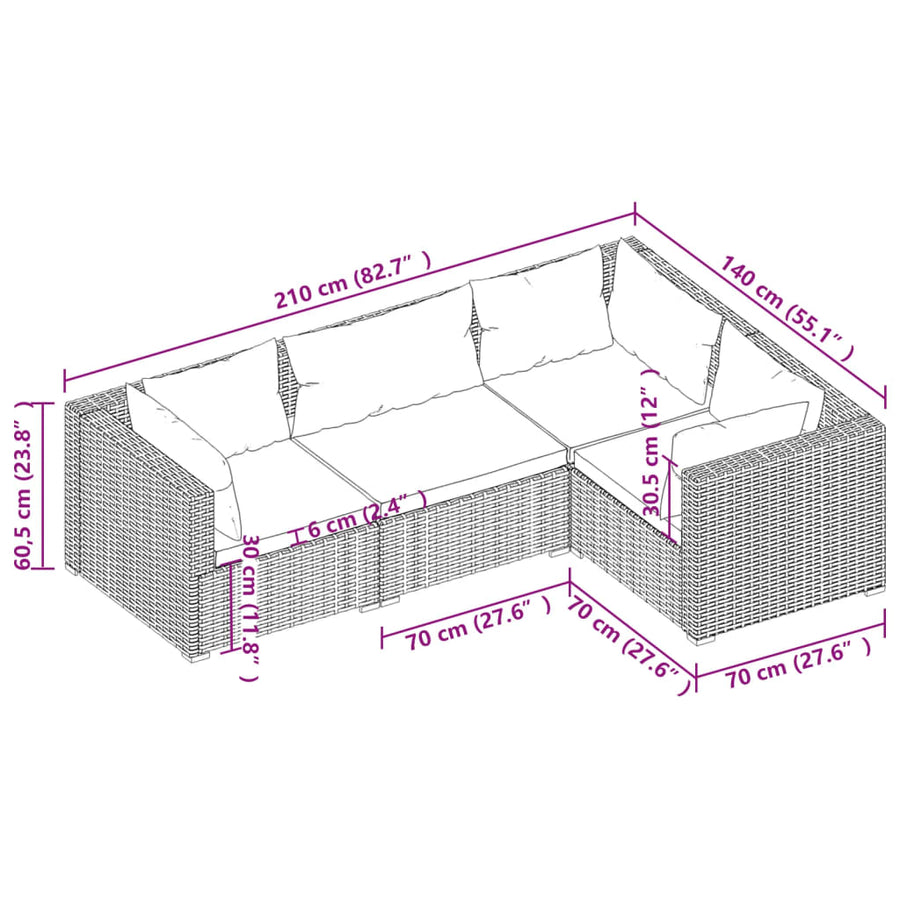 4-Delige Loungeset Met Kussens Poly Rattan Zwart En Waterblauw 1 3x hoek + midden