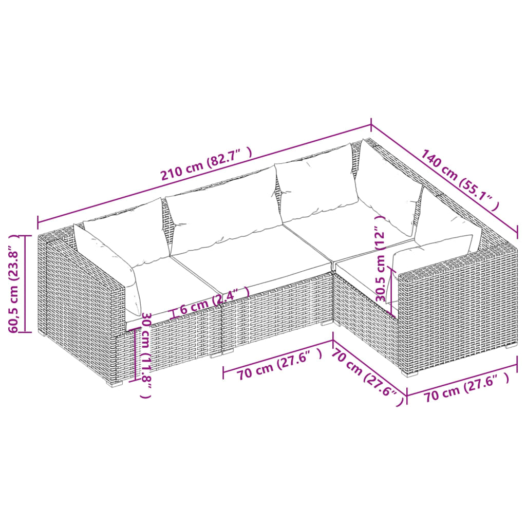 4-Delige Loungeset Met Kussens Poly Rattan Grijs En Antraciet 1 3x hoek + midden