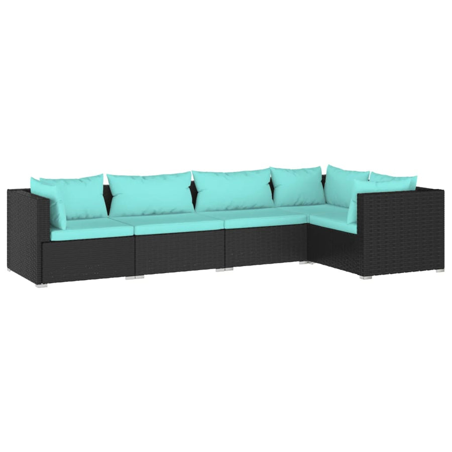 5-Delige Loungeset Met Kussens Poly Rattan Zwart En Waterblauw 1 3x hoek + 2x midden