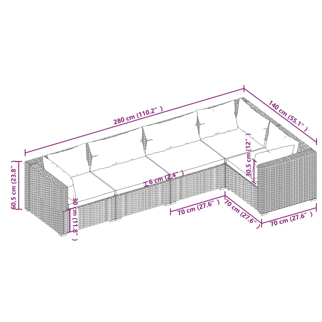 5-Delige Loungeset Met Kussens Poly Rattan Zwart En Waterblauw 1 3x hoek + 2x midden
