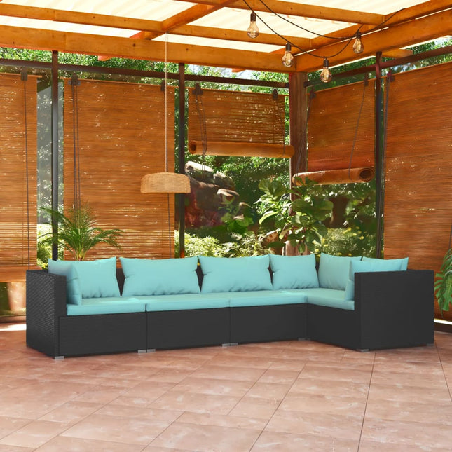 5-Delige Loungeset Met Kussens Poly Rattan Zwart En Waterblauw 1 3x hoek + 2x midden