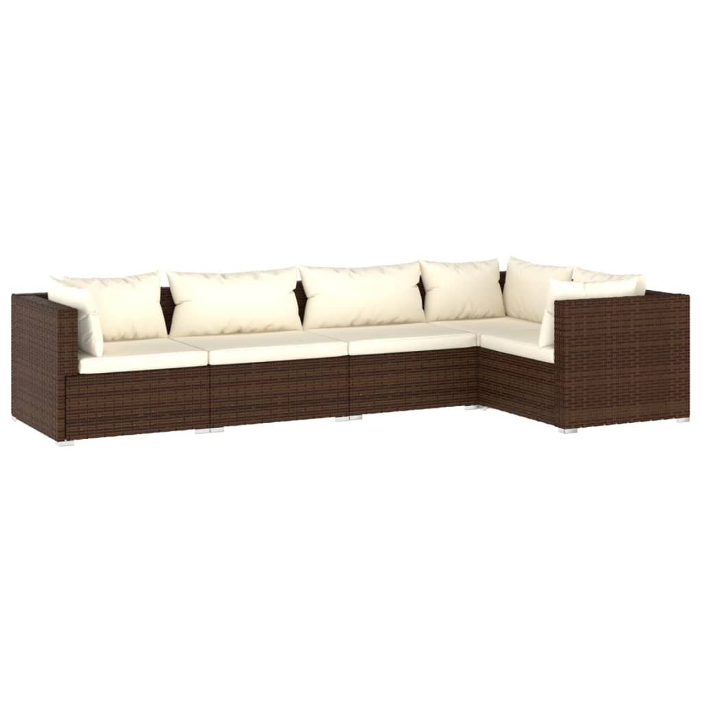 5-delige Loungeset met kussens poly rattan bruin 1 Bruin en crème