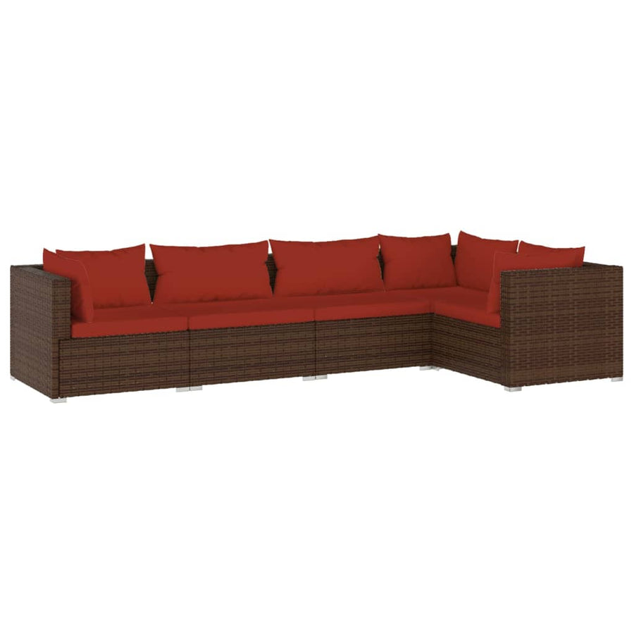 5-delige Loungeset met kussens poly rattan bruin 1 Bruin en kaneelrood