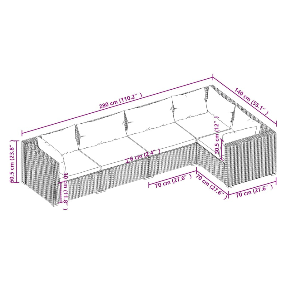 5-delige Loungeset met kussens poly rattan bruin 1 Bruin en kaneelrood