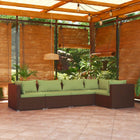 5-Delige Loungeset Met Kussens Poly Rattan Bruin En Groen 1 3x hoek + 2x midden