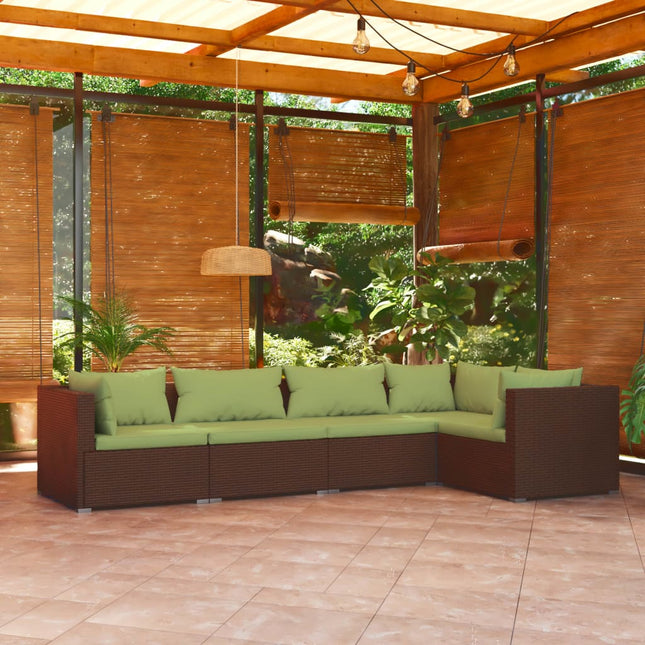 5-Delige Loungeset Met Kussens Poly Rattan Bruin En Groen 1 3x hoek + 2x midden