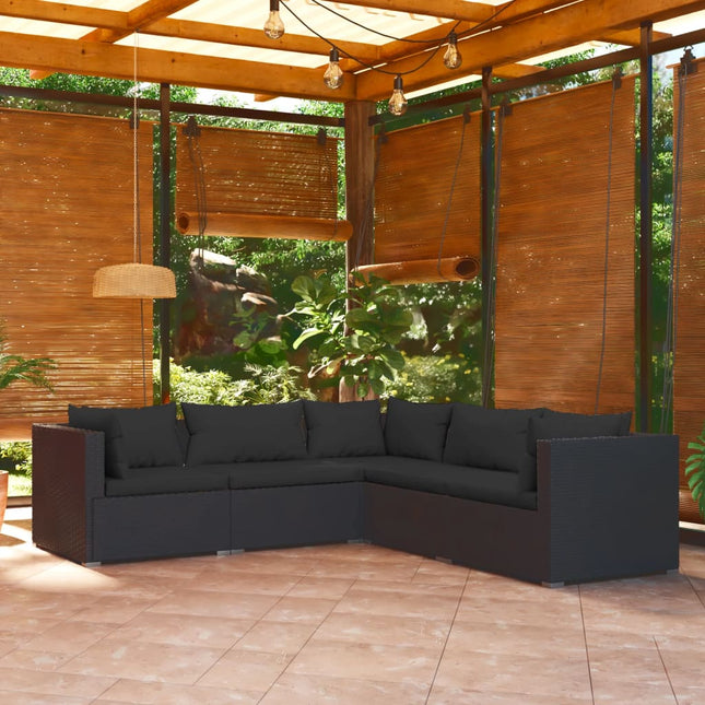 5-delige Loungeset met kussens poly rattan zwart 1 2x midden + 3x hoek