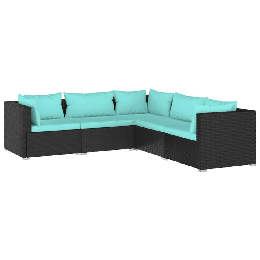 5-Delige Loungeset Met Kussens Poly Rattan Zwart En Waterblauw 1 2x midden + 3x hoek