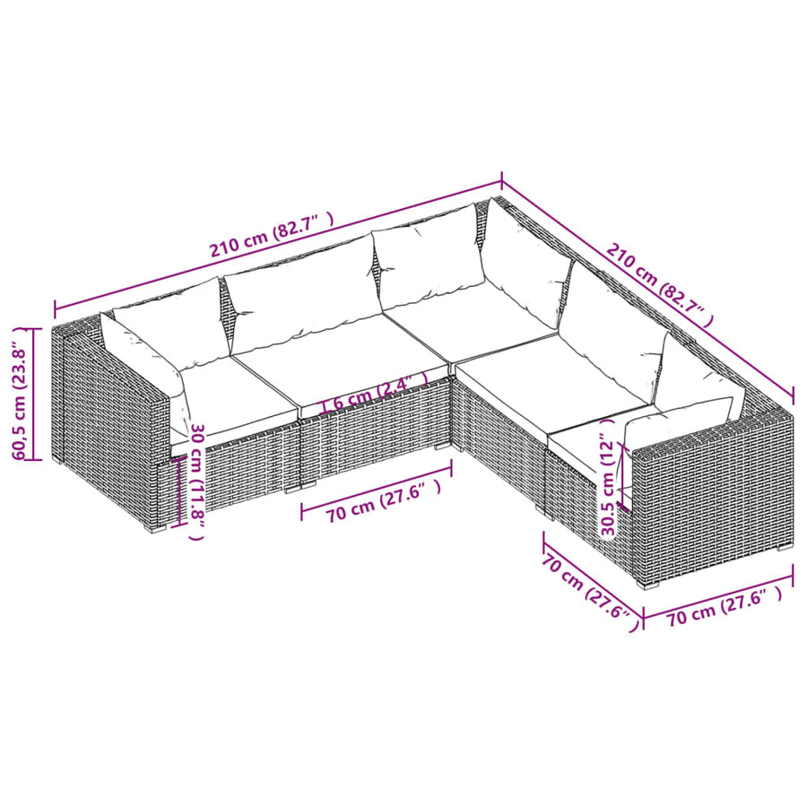 5-Delige Loungeset Met Kussens Poly Rattan Zwart En Waterblauw 1 2x midden + 3x hoek