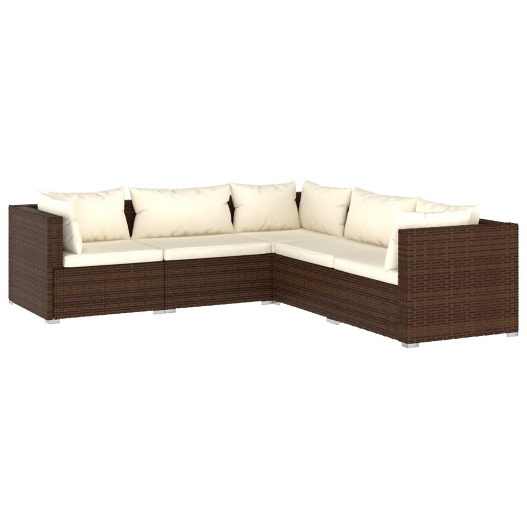 5-delige Loungeset met kussens poly rattan bruin 1 Bruin en crème
