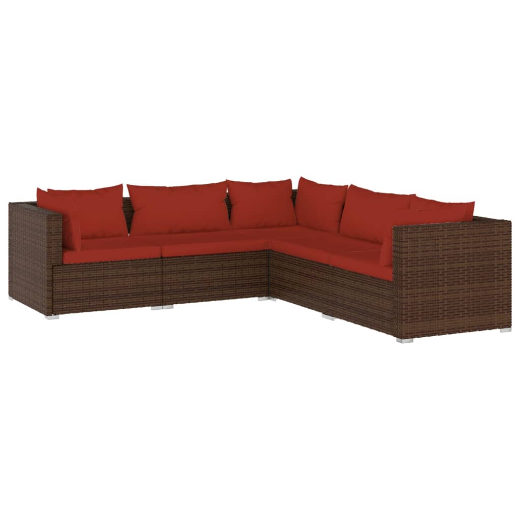 5-delige Loungeset met kussens poly rattan bruin 1 Bruin en kaneelrood