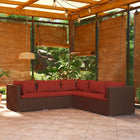 5-delige Loungeset met kussens poly rattan bruin 1 Bruin en kaneelrood