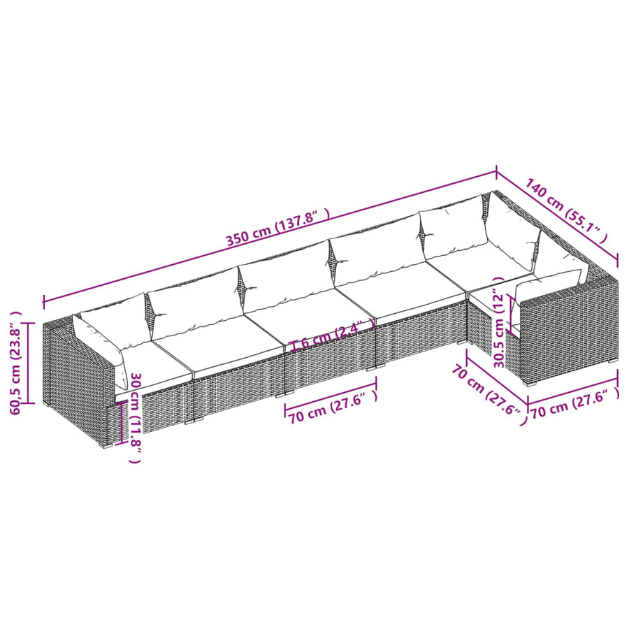 6-Delige Loungeset Met Kussens Poly Rattan Grijs En Antraciet 1 3x midden + 3x hoek