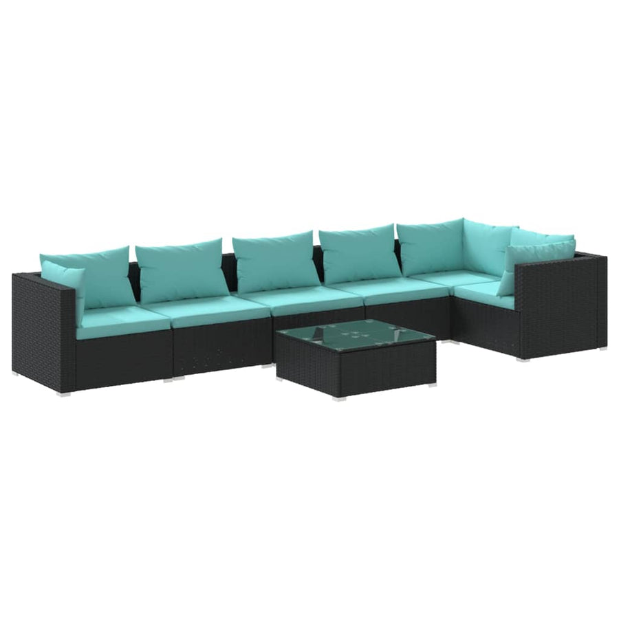 7-Delige Loungeset Met Kussens Poly Rattan Zwart En Waterblauw 1 3x hoek + 3x midden + Tafel