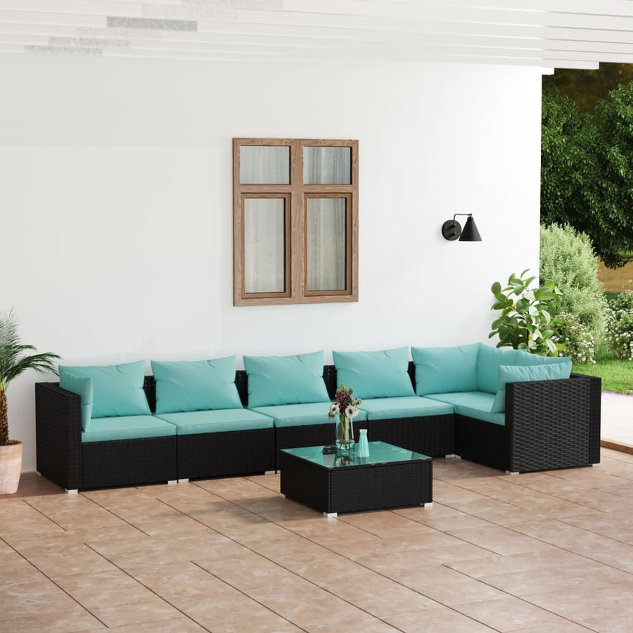 7-Delige Loungeset Met Kussens Poly Rattan Zwart En Waterblauw 1 3x hoek + 3x midden + Tafel