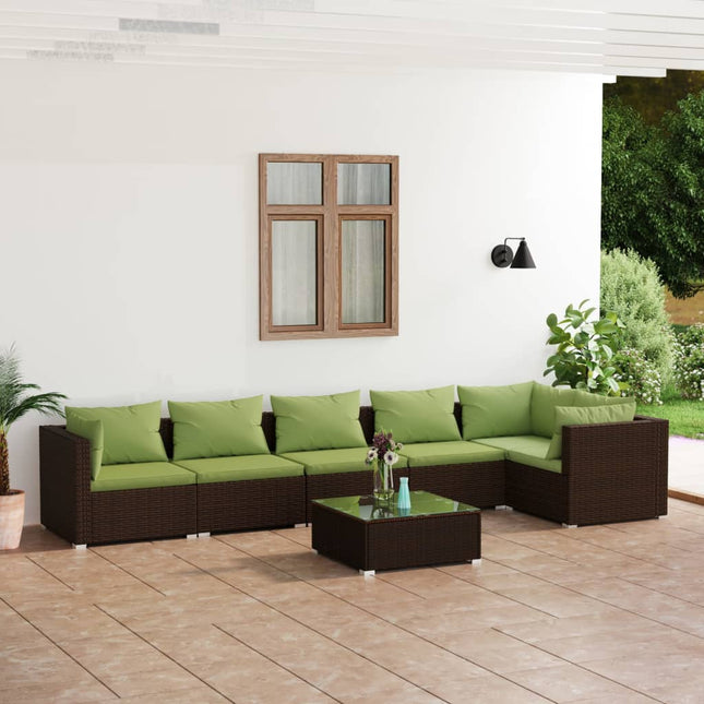 7-Delige Loungeset Met Kussens Poly Rattan Bruin En Groen 1 3x hoek + 3x midden + Tafel