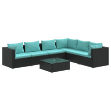 7-Delige Loungeset Met Kussens Poly Rattan Zwart En Waterblauw 1 3x midden + 3x hoek + Tafel