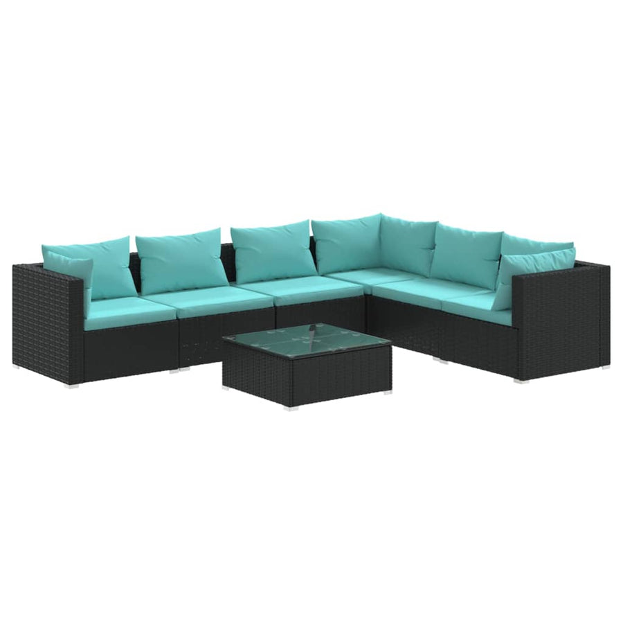 7-Delige Loungeset Met Kussens Poly Rattan Zwart En Waterblauw 1 3x midden + 3x hoek + Tafel
