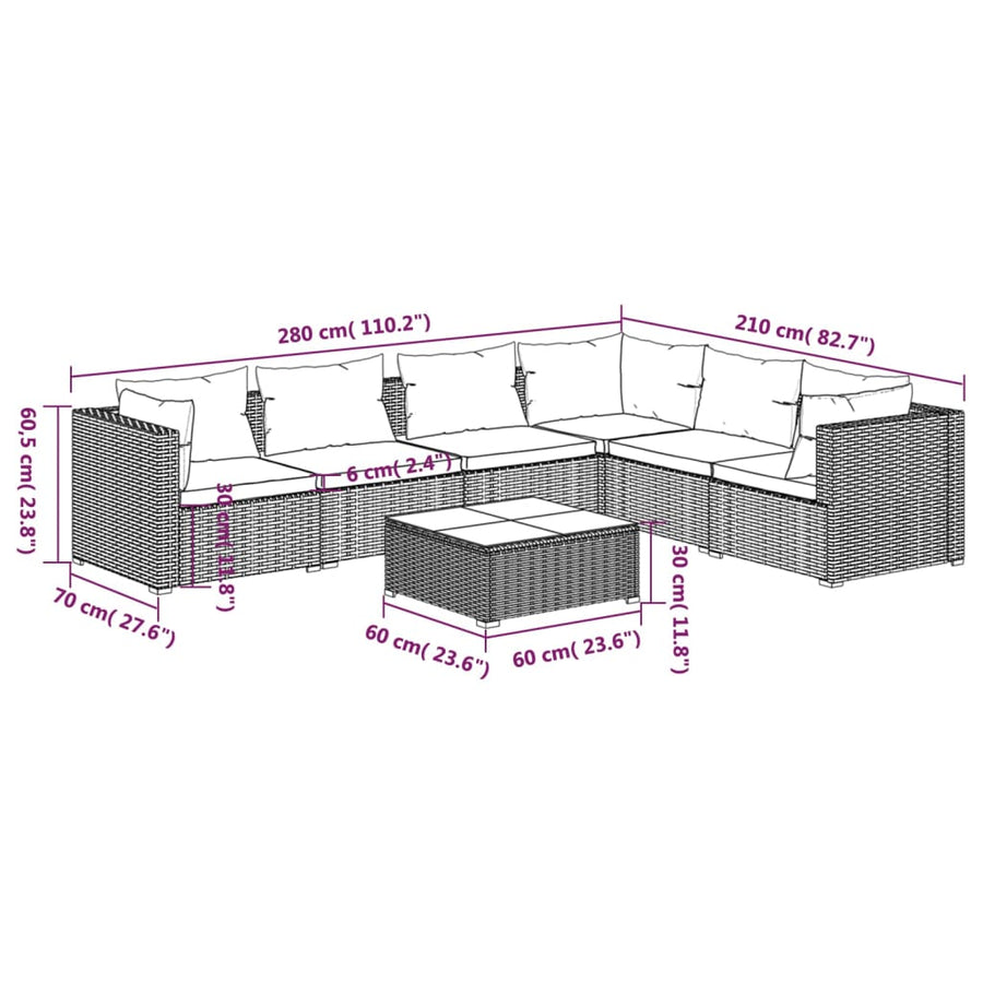 7-Delige Loungeset Met Kussens Poly Rattan Zwart En Waterblauw 1 3x midden + 3x hoek + Tafel