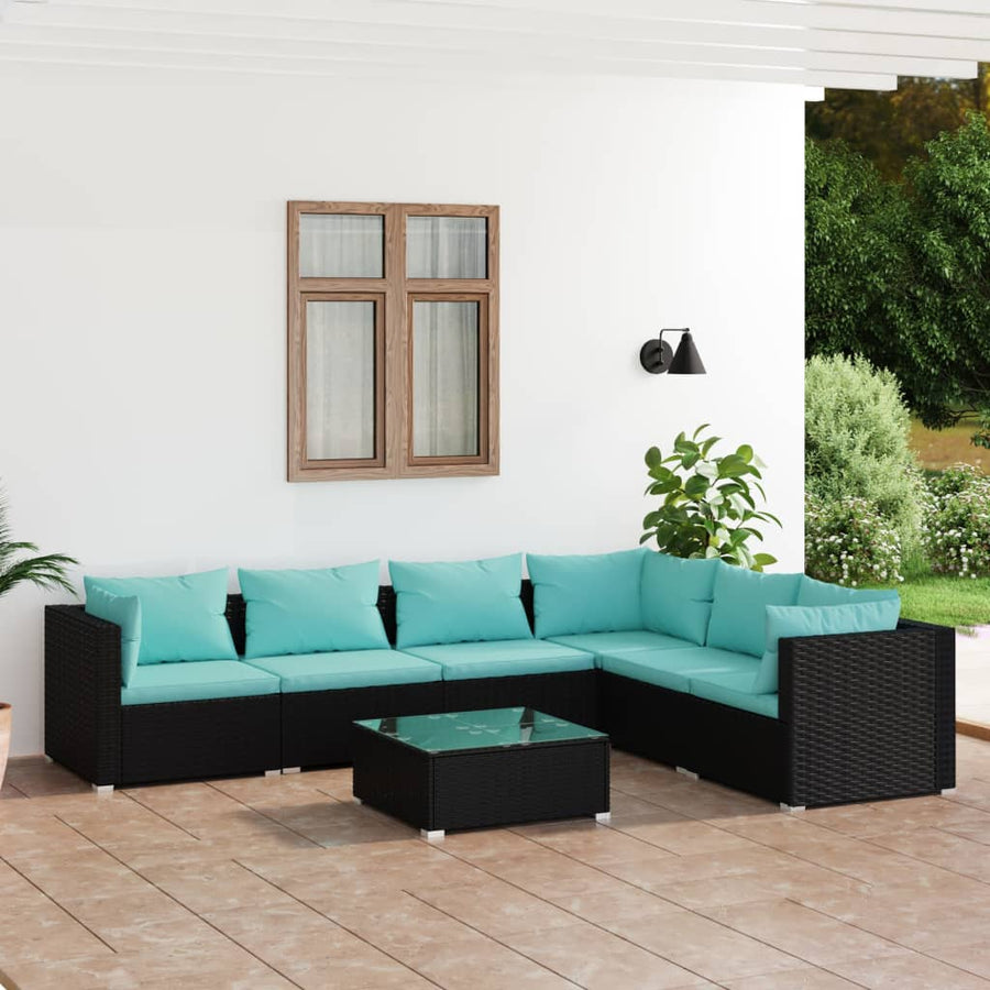 7-Delige Loungeset Met Kussens Poly Rattan Zwart En Waterblauw 1 3x midden + 3x hoek + Tafel