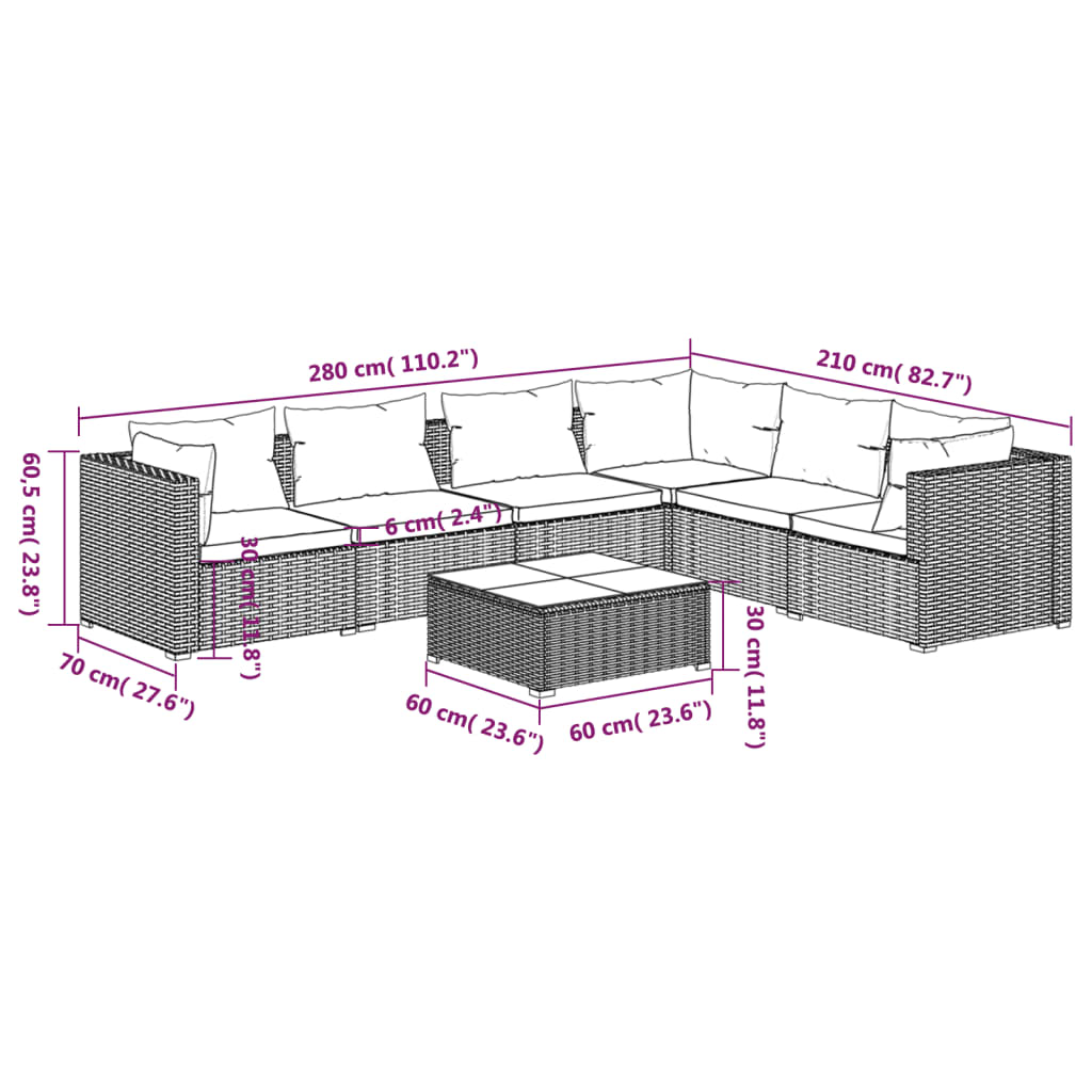 7-delige Loungeset met kussens poly rattan grijs