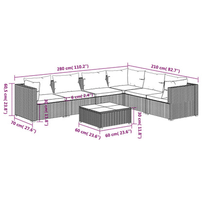 7-delige Loungeset met kussens poly rattan grijs