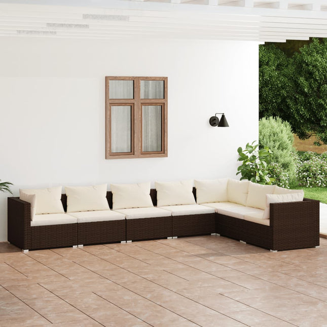 7-delige Loungeset met kussens poly rattan bruin 1 3x hoek + 4x midden