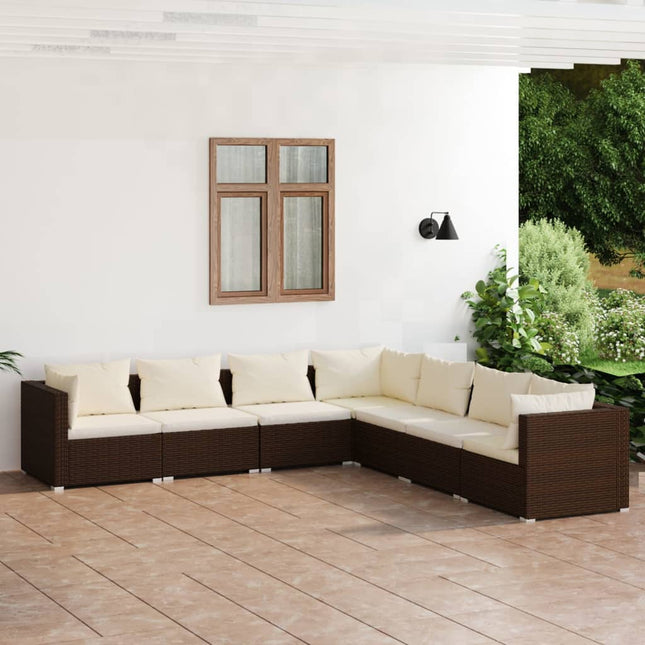 7-delige Loungeset met kussens poly rattan bruin 1 4x midden + 3x hoek