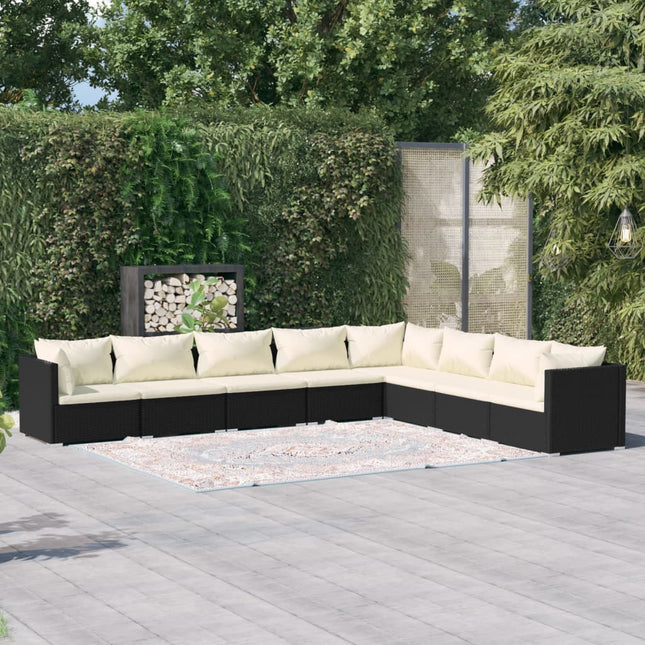 8-delige Loungeset met kussens poly rattan zwart 1 3x hoek + 5x midden