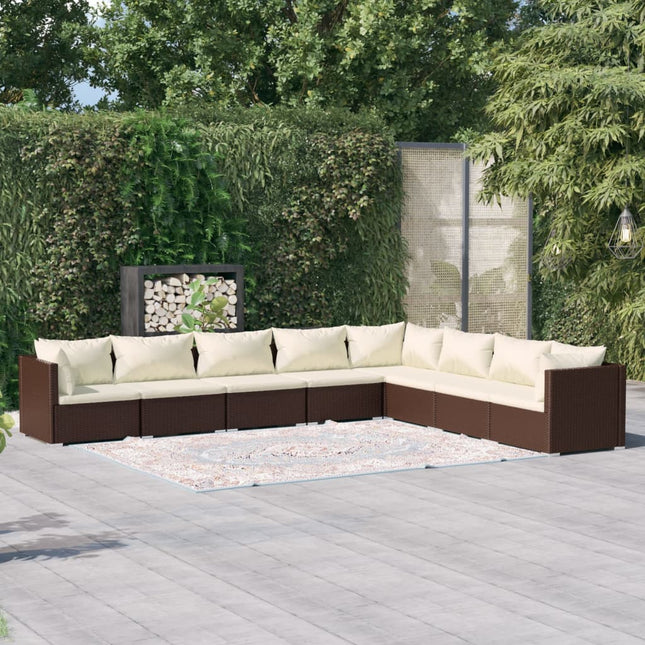 8-delige Loungeset met kussens poly rattan bruin 1 3x hoek + 5x midden