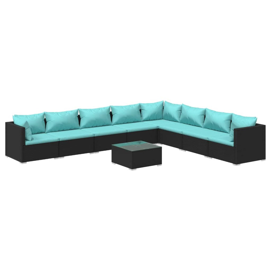 9-Delige Loungeset Met Kussens Poly Rattan Zwart En Waterblauw 1 3x hoek + 5x midden + Tafel