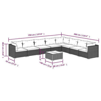 9-Delige Loungeset Met Kussens Poly Rattan Zwart En Waterblauw 1 3x hoek + 5x midden + Tafel
